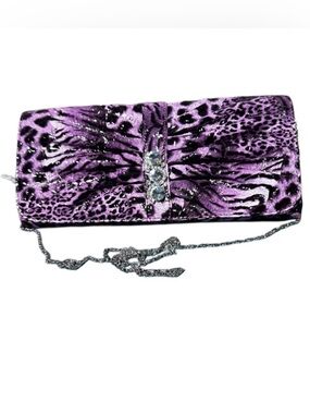 Purple Animal-Print Evening Clutch with clear Gem Accent New beautiful 11x5”